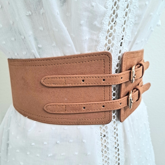 Boho Brown Wide faux suede leather double buckle corset waist elastic belt - Picture 10 of 12